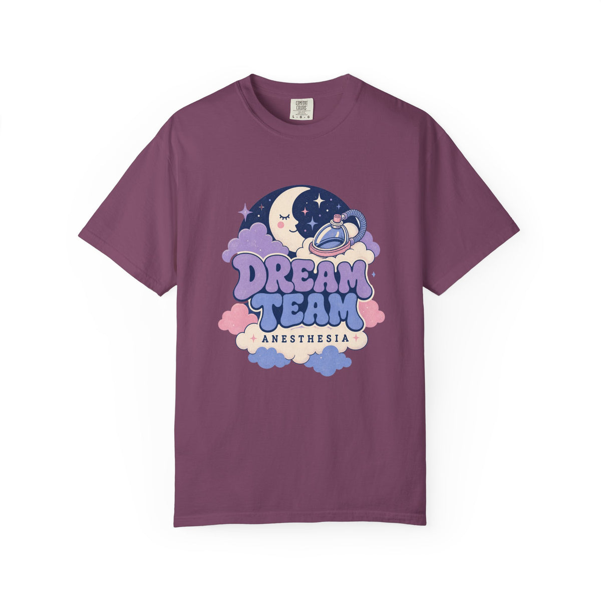 Dream Team Anesthesia moon, clouds and anesthesia mask Comfort Colors 1717 tee in Berry