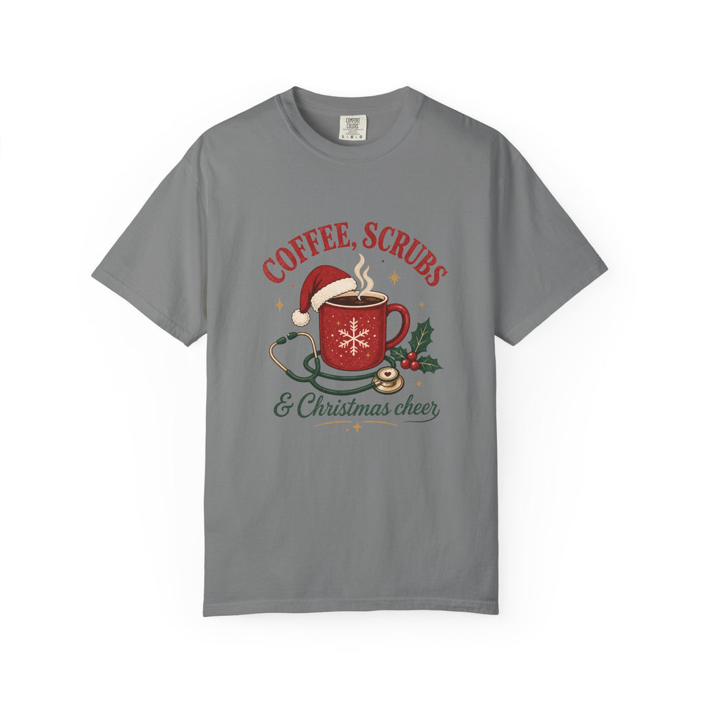 Coffee Scrubs and Christmas Cheer printed Comfort Colors 1717 tee in Grey