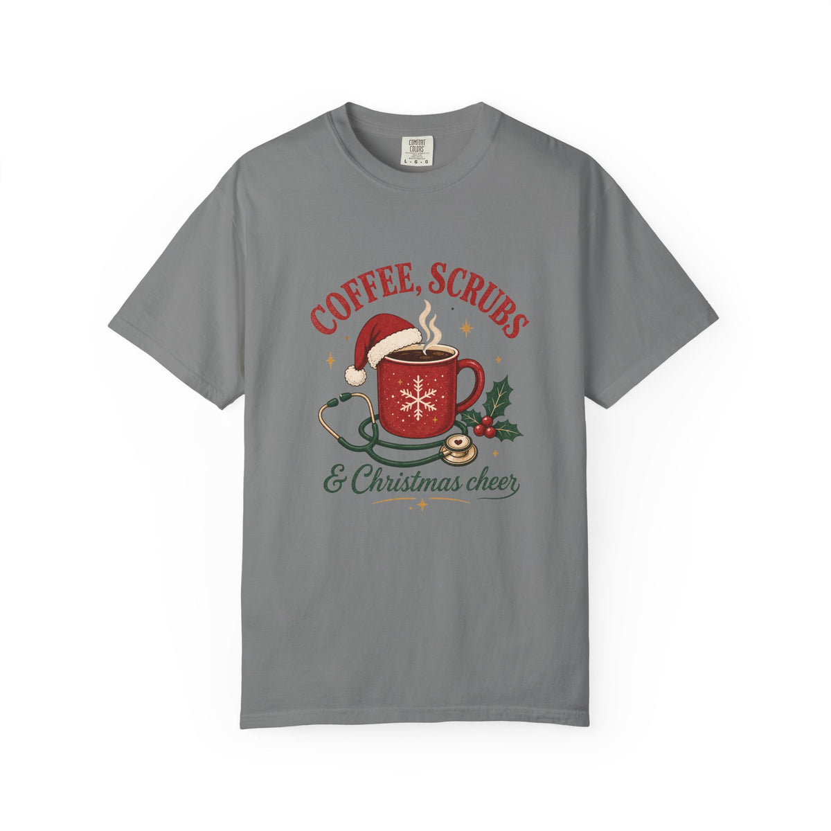 Coffee Scrubs and Christmas Cheer printed Comfort Colors 1717 tee in Grey
