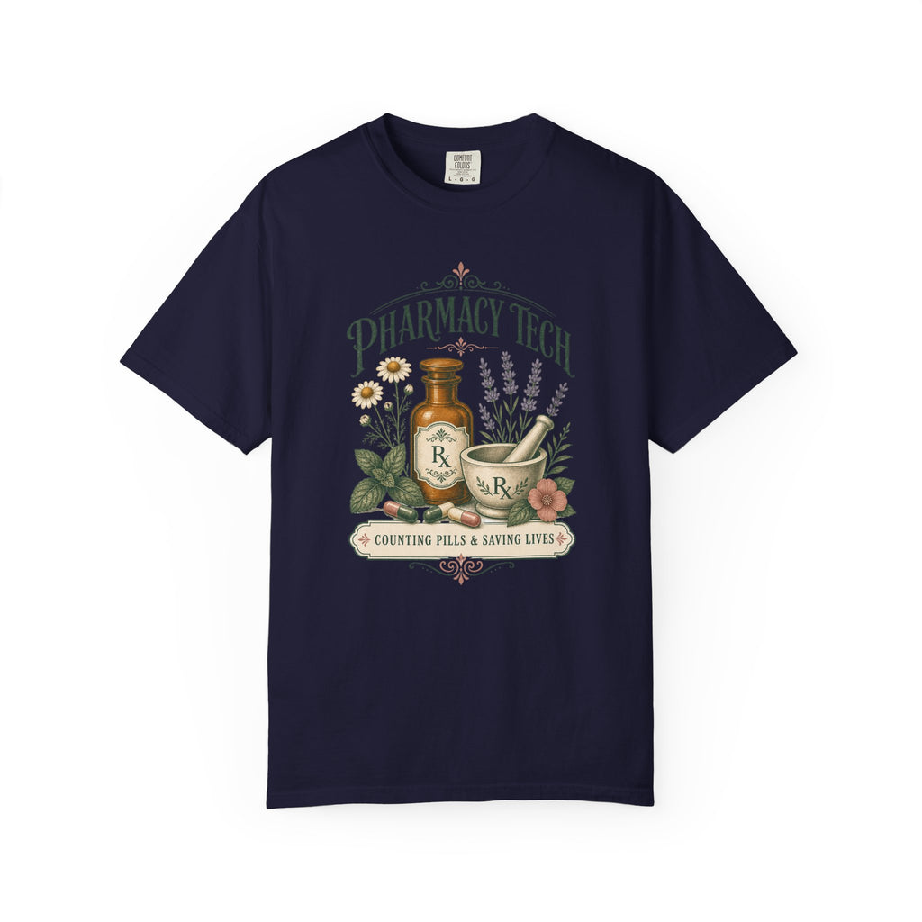 Pharmacy Tech Counting Pills and Saving Lives botanical Comfort Colors 1717 tee in True Navy