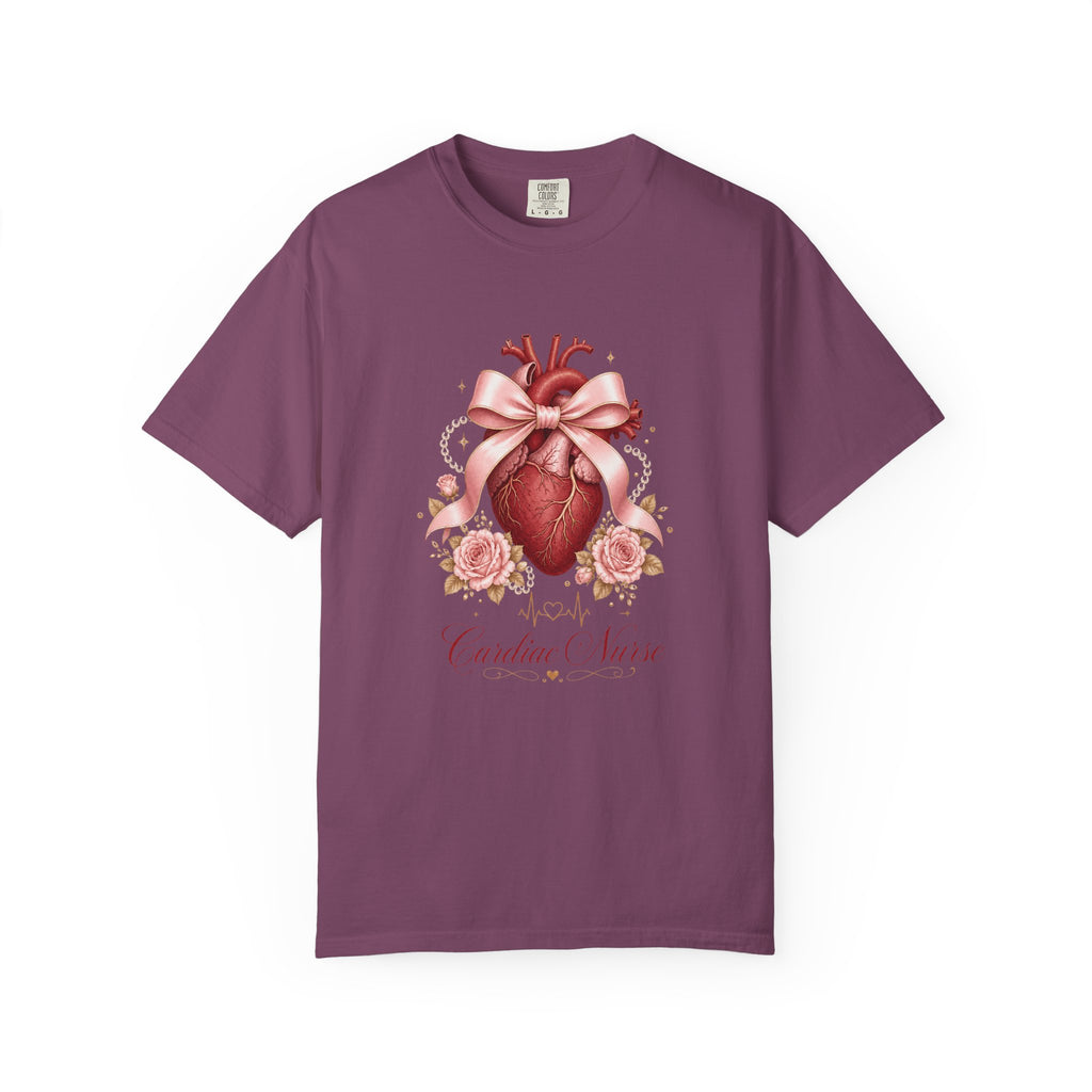 Cardiac Nurse anatomical heart, pink bow and roses Comfort Colors 1717 tee in Berry