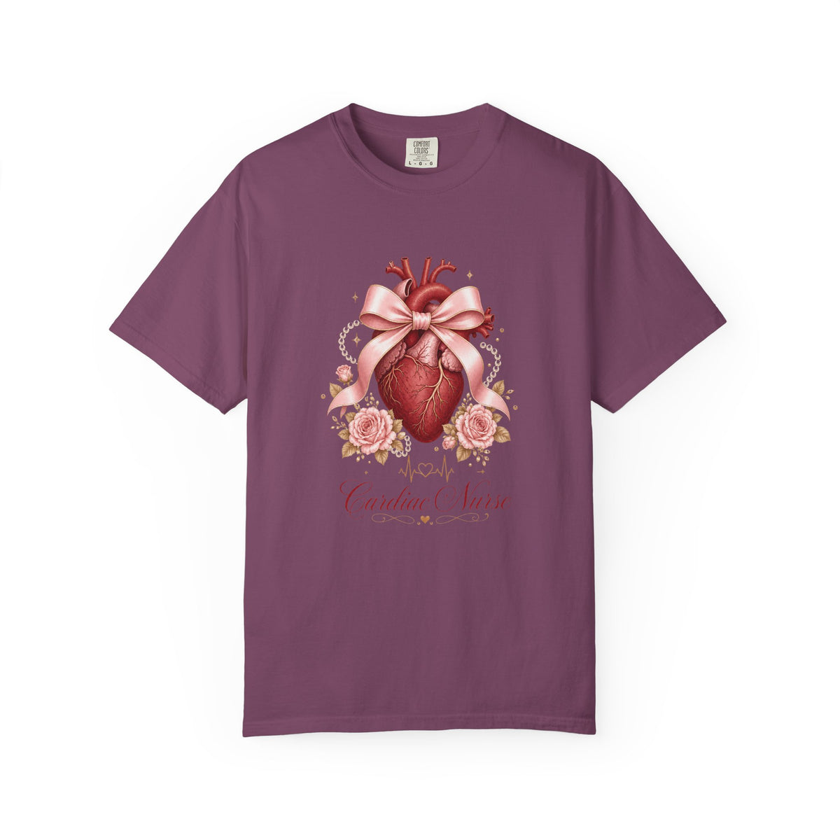 Cardiac Nurse anatomical heart, pink bow and roses Comfort Colors 1717 tee in Berry
