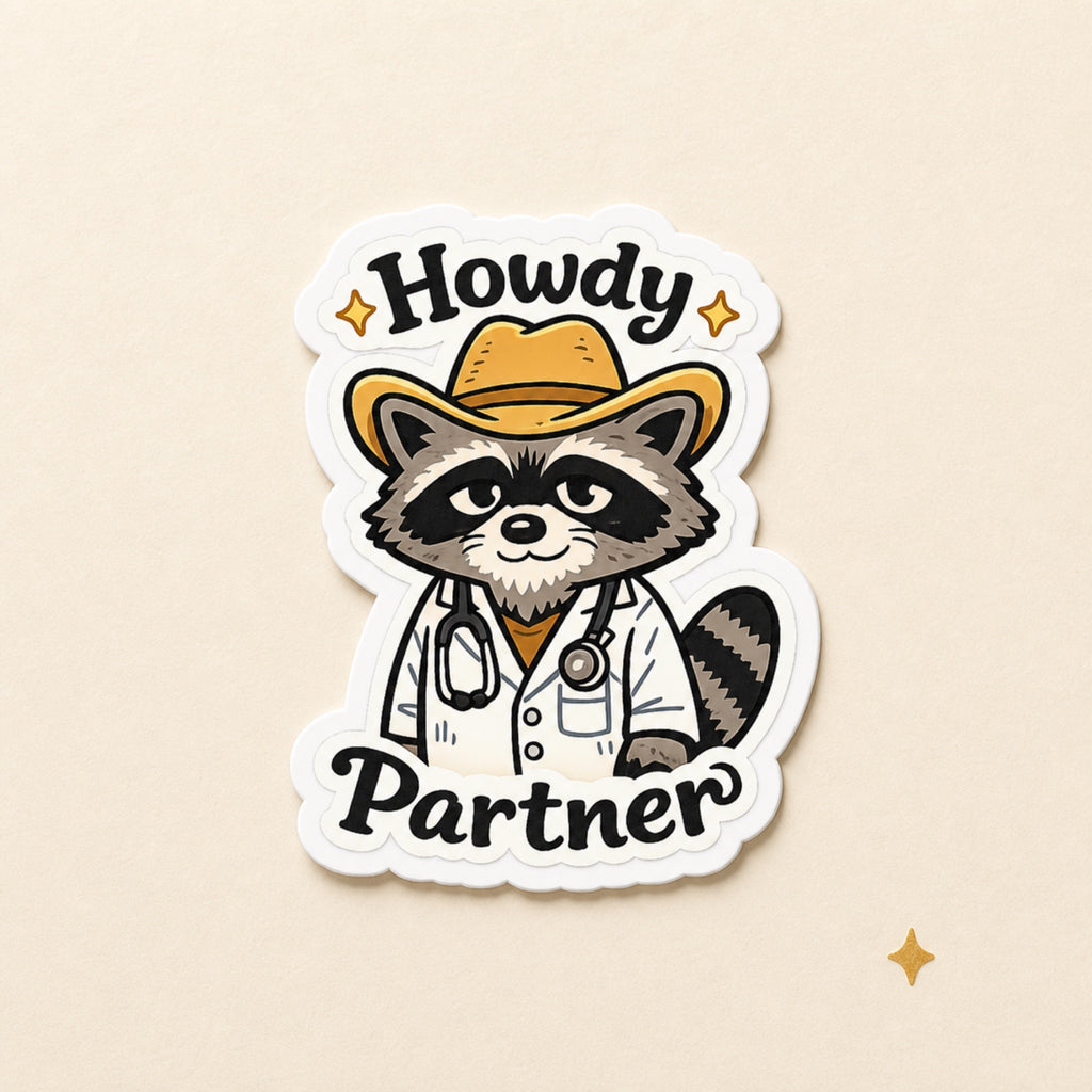 Howdy Partner Raccoon Doctor Sticker | Western Medical Sticker