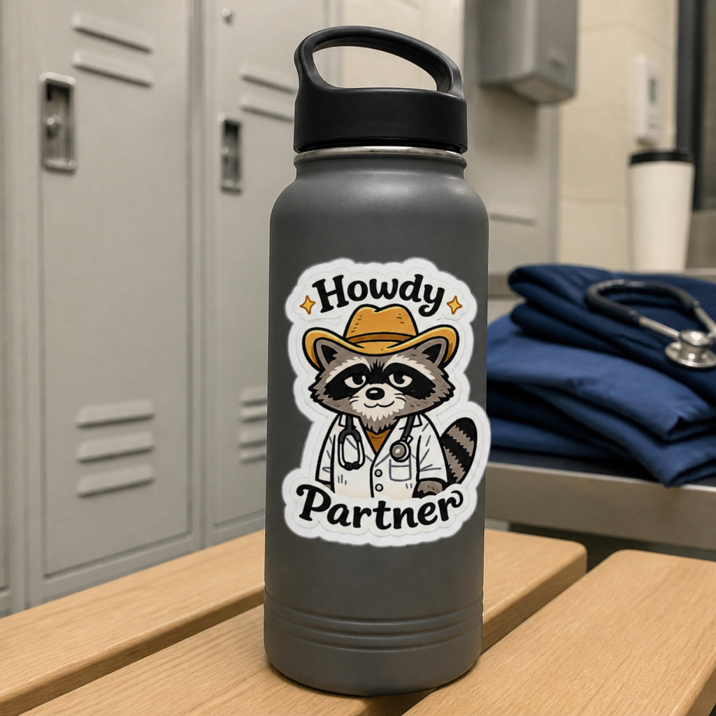 Howdy Partner Raccoon Doctor Sticker | Western Medical Sticker