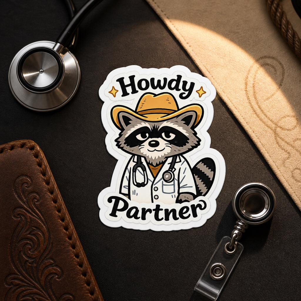 Howdy Partner Raccoon Doctor Sticker | Western Medical Sticker