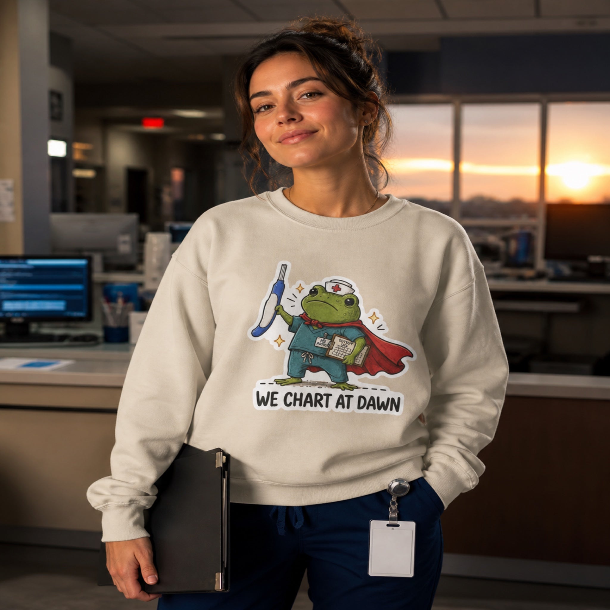 We Chart at Dawn Frog Nurse Sweatshirt | Night Shift Healthcare Crewneck