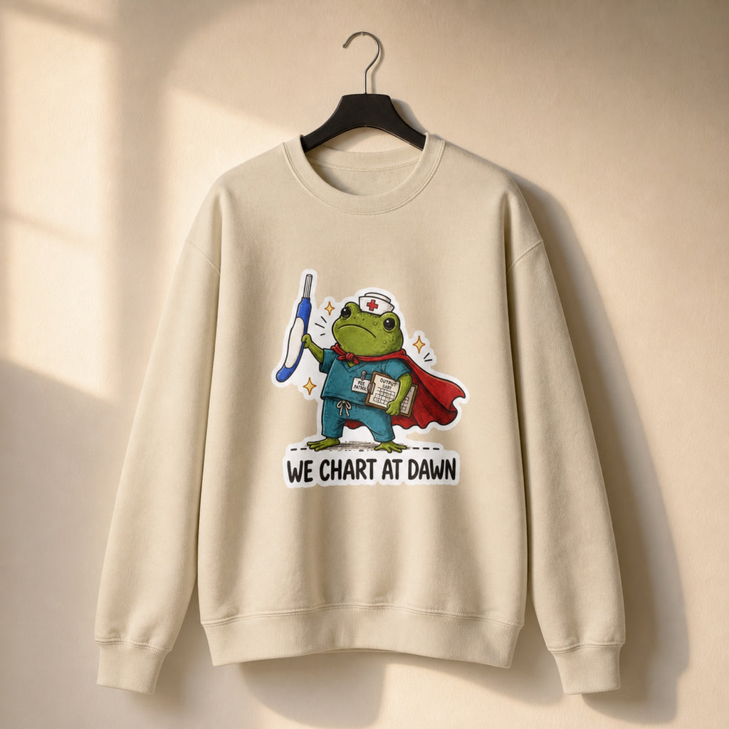 We Chart at Dawn Frog Nurse Sweatshirt | Night Shift Healthcare Crewneck