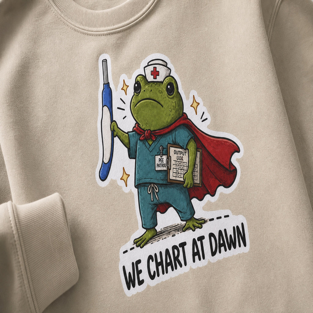 We Chart at Dawn Frog Nurse Sweatshirt | Night Shift Healthcare Crewneck