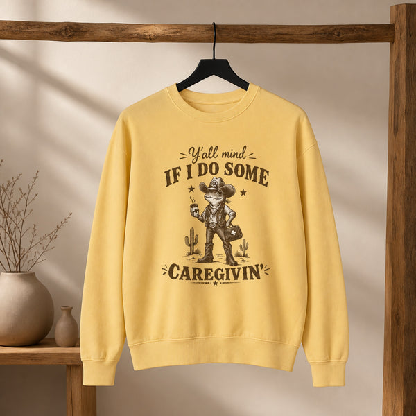 Caregivin' Cowboy Frog Crewneck Sweatshirt | Nurse & Caregiver Gift