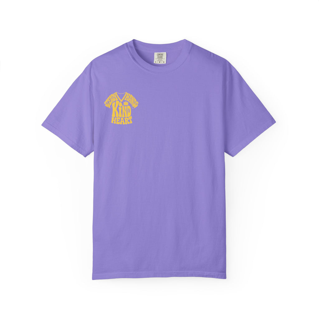 Violet Steady Hands Kind Heart nurse tee, front product view on white