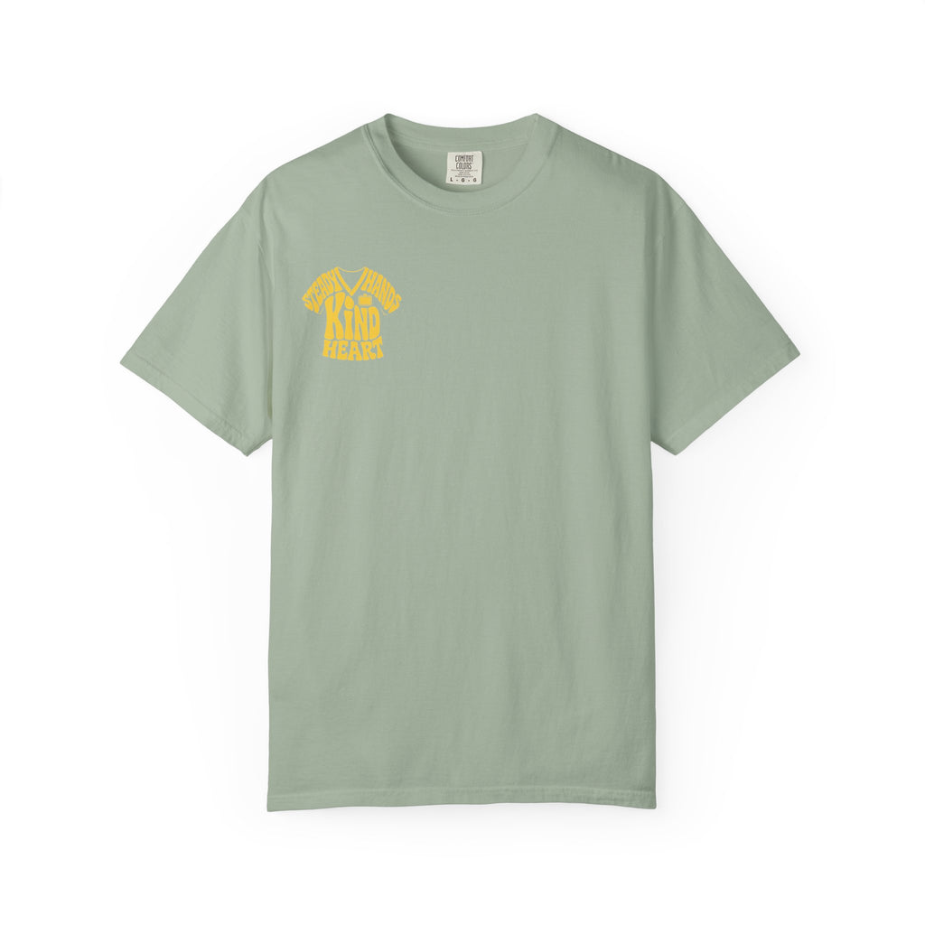 Bay Steady Hands Kind Heart nurse tee, front product view on white