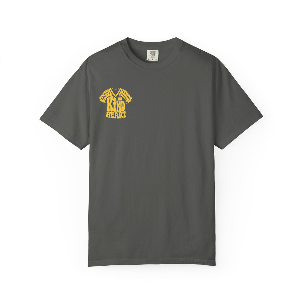 Pepper Steady Hands Kind Heart nurse tee, front product view on white