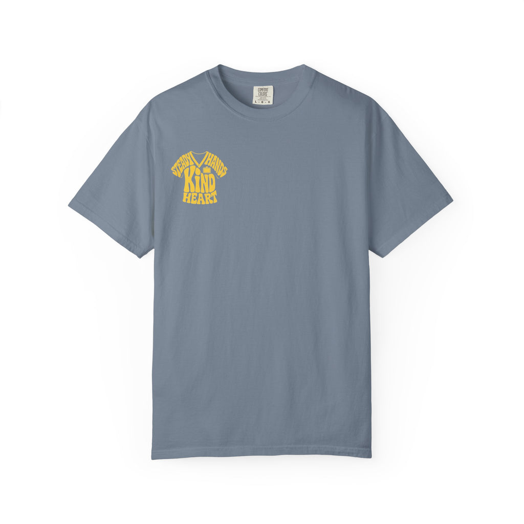 Blue Jean Steady Hands Kind Heart nurse tee, front product view on white