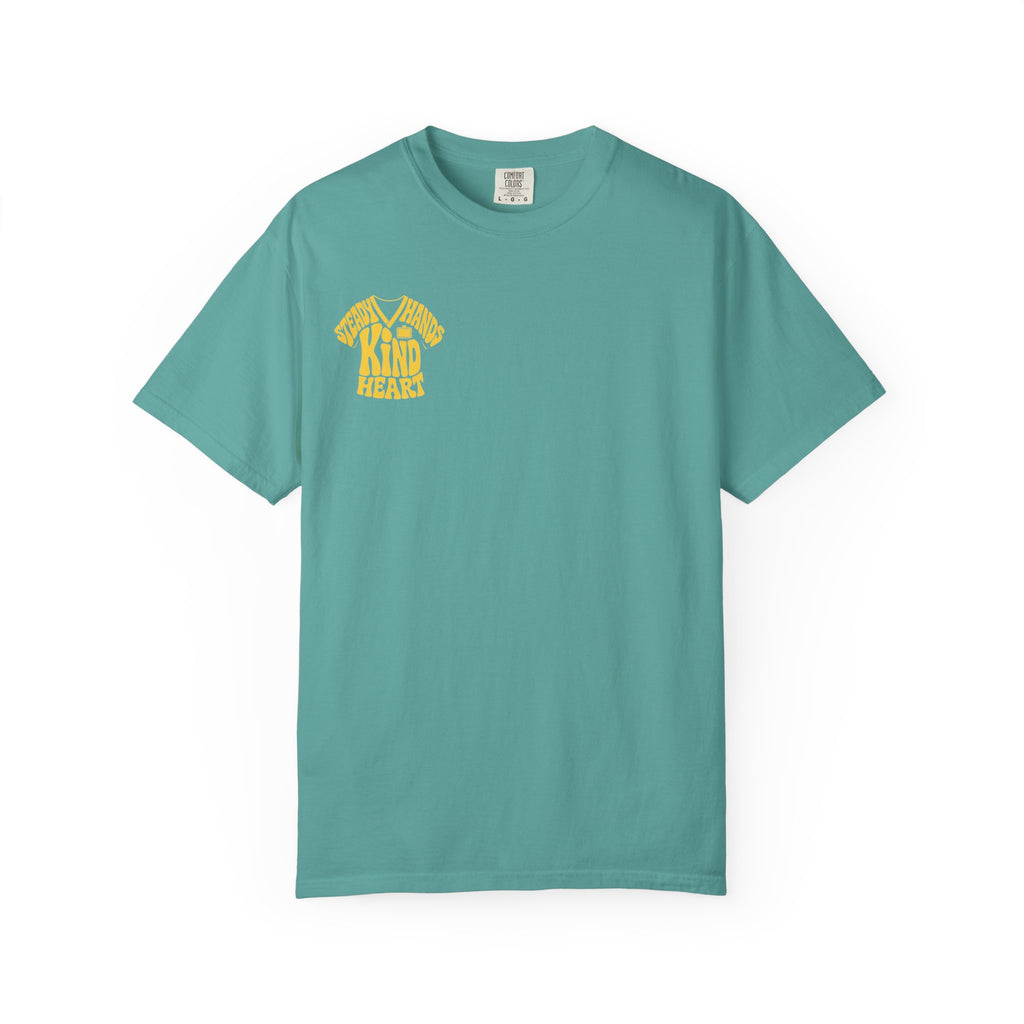 Seafoam Steady Hands Kind Heart nurse tee, front product view on white