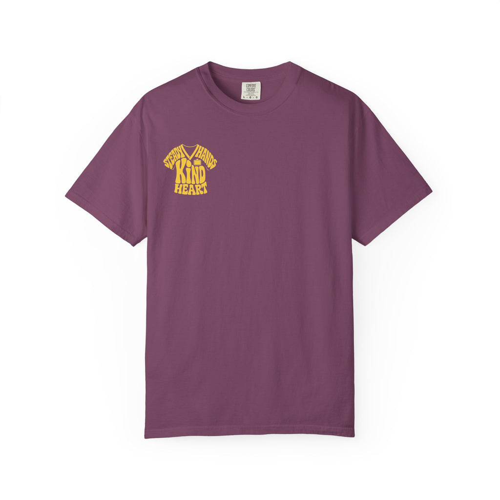 Berry Steady Hands Kind Heart nurse tee, front product view on white