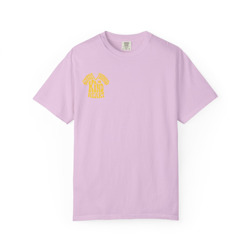 Orchid Steady Hands Kind Heart nurse tee, front product view on white