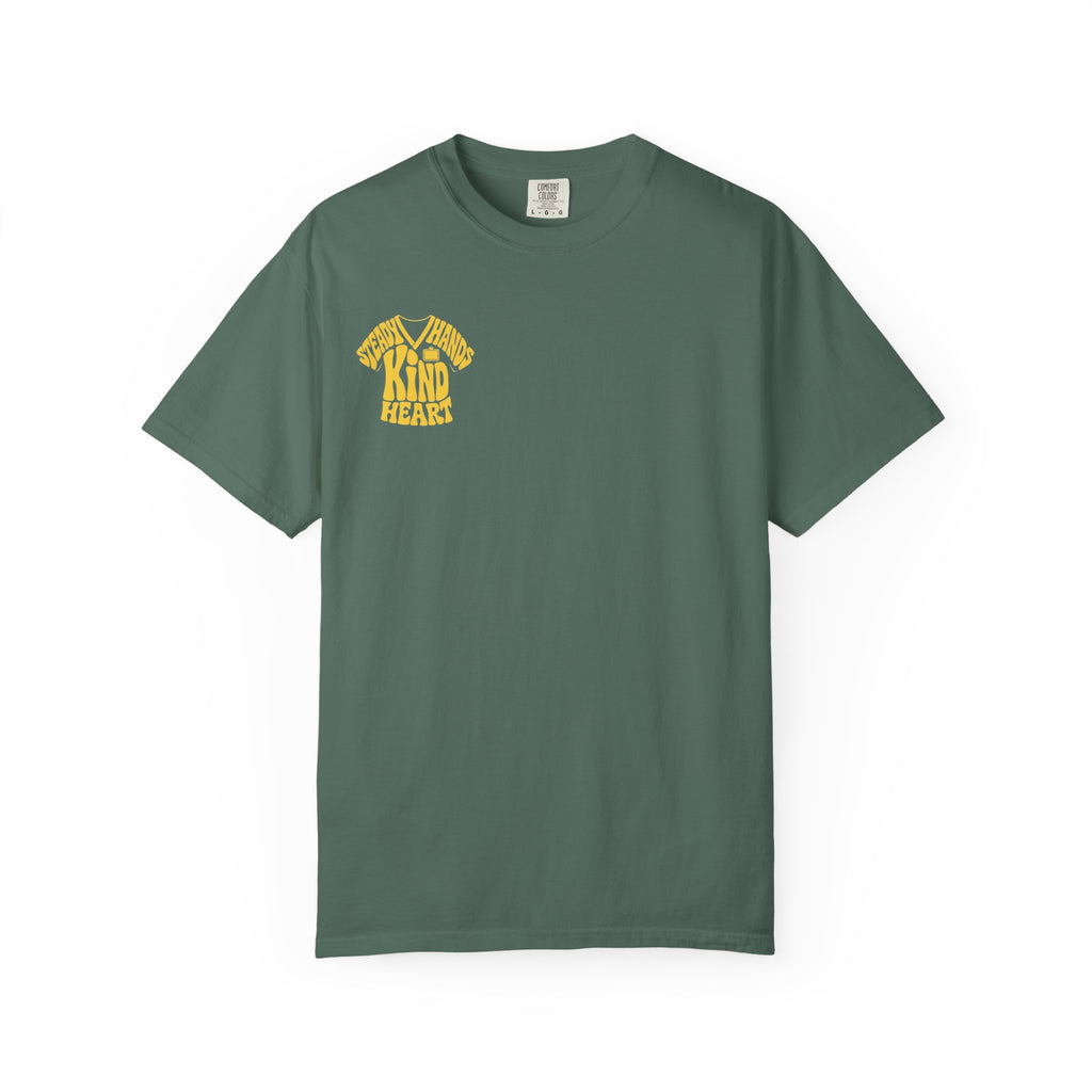 Blue Spruce Steady Hands Kind Heart nurse tee, front product view on white