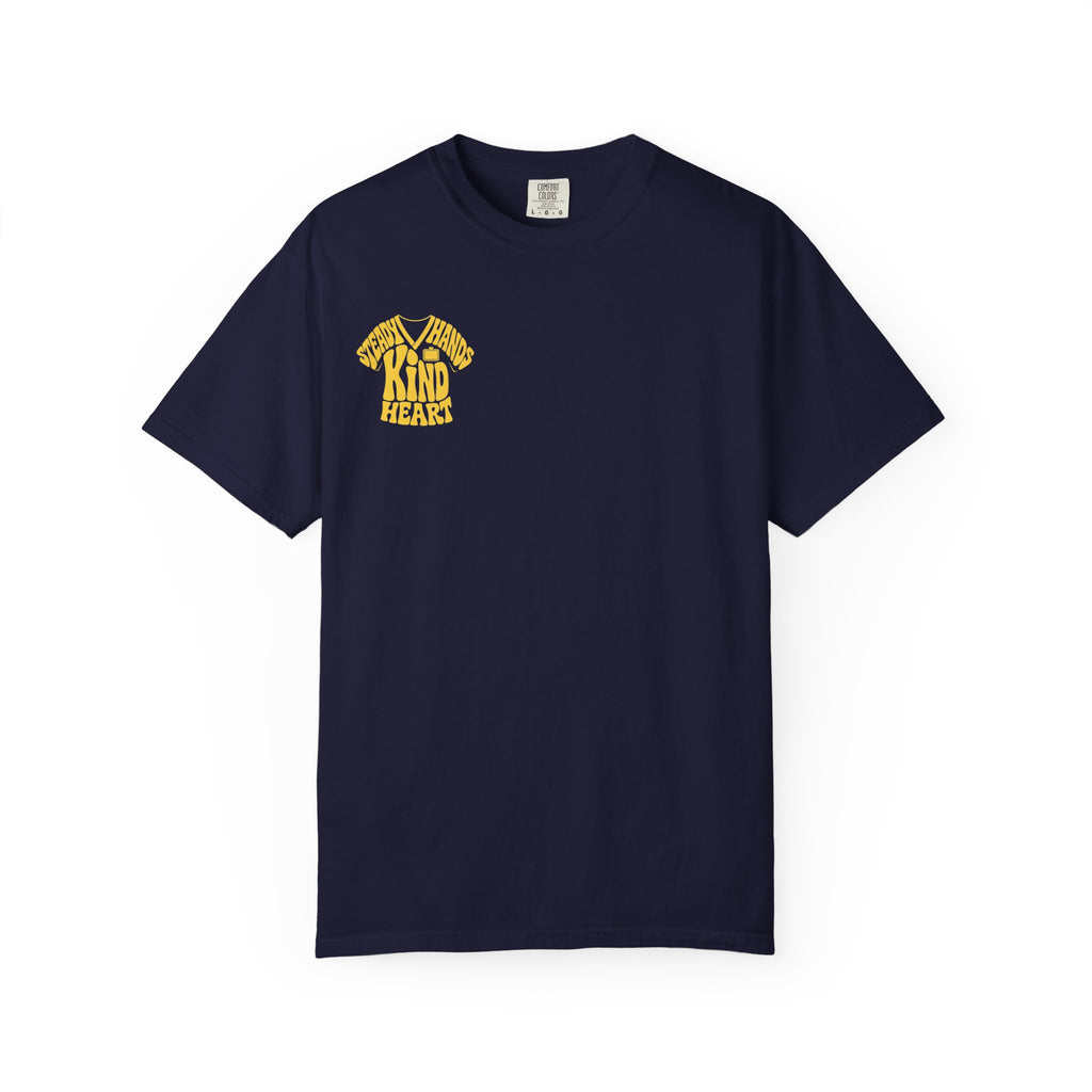 True Navy Steady Hands Kind Heart nurse tee, front product view on white