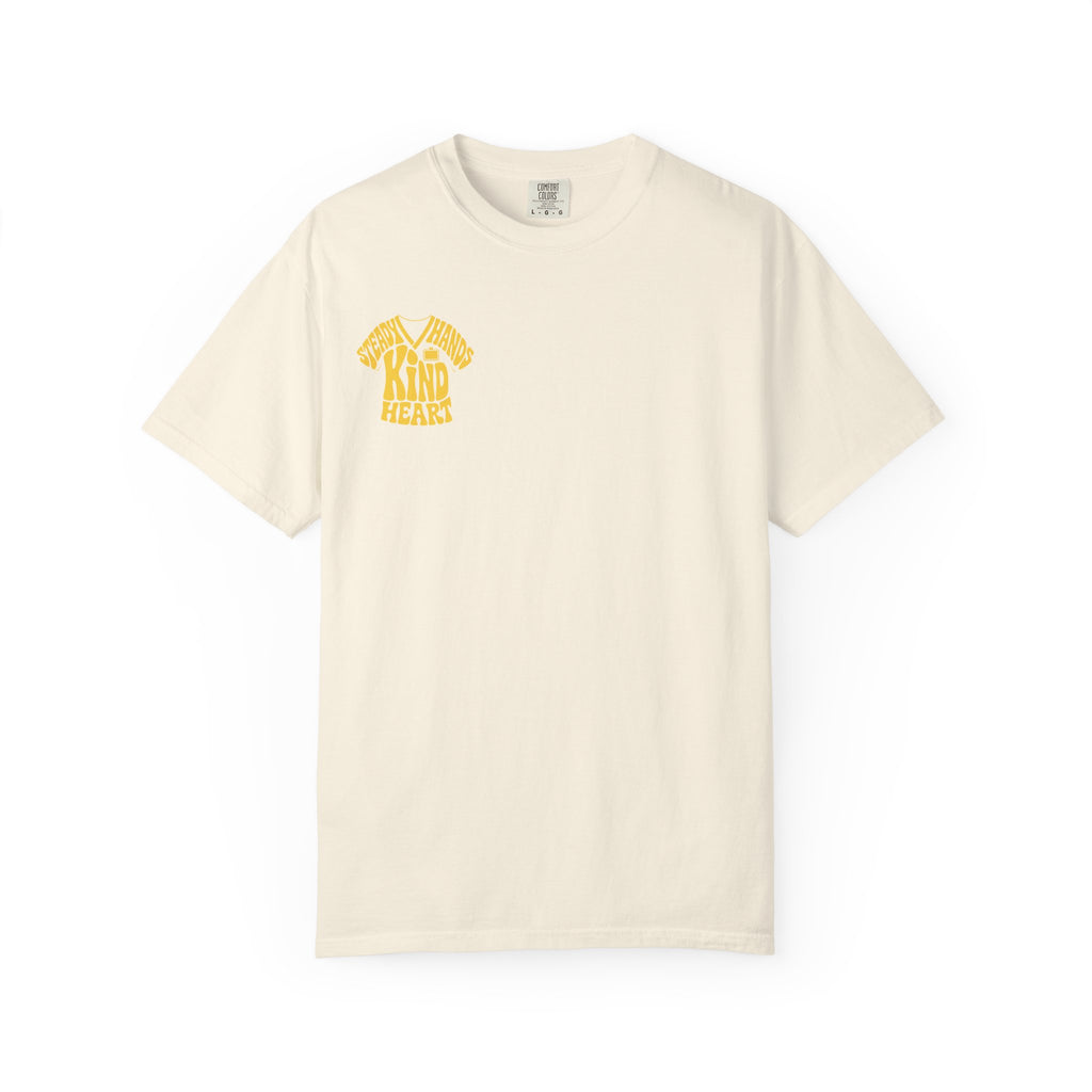 Ivory Steady Hands Kind Heart nurse tee, front product view on white