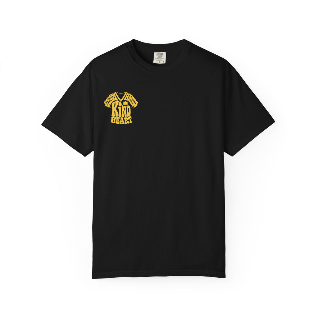 Black Steady Hands Kind Heart nurse tee, front product view on white
