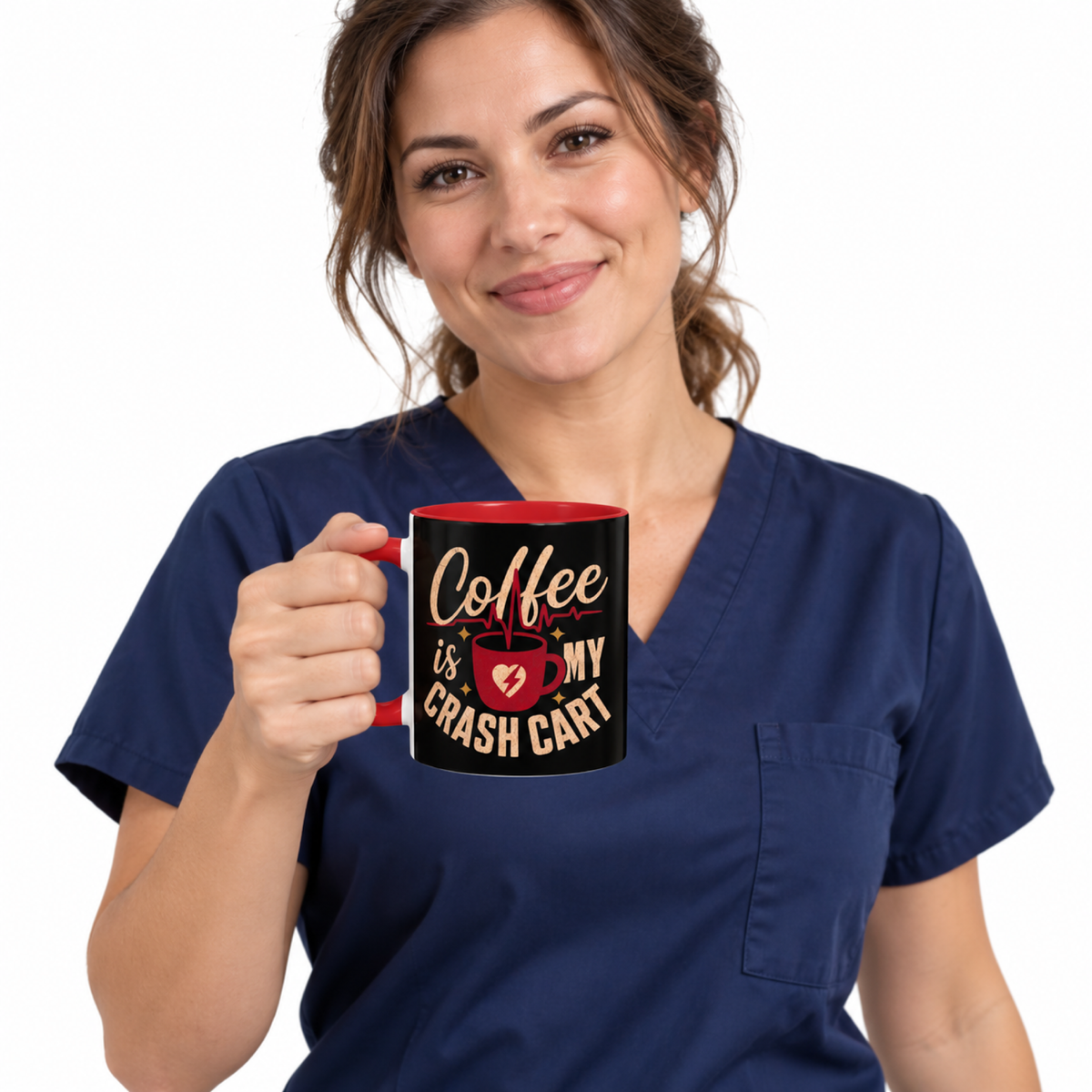 Healthcare professional holding Red Coffee Is My Crash Cart mug, white background