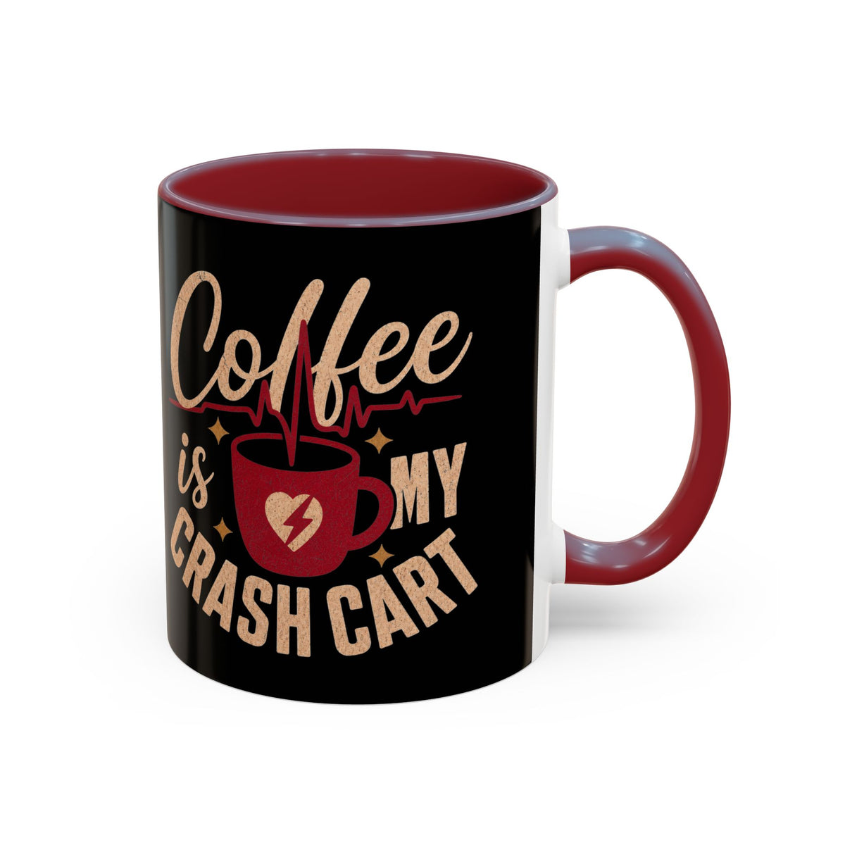 Maroon accent Coffee Is My Crash Cart mug, 11oz native product photograph on white