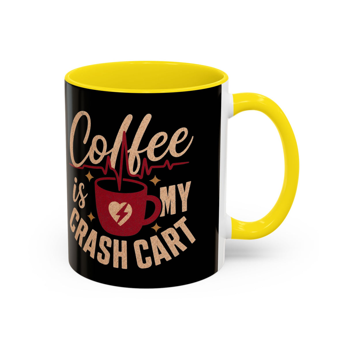 Yellow accent Coffee Is My Crash Cart mug, 11oz native product photograph on white