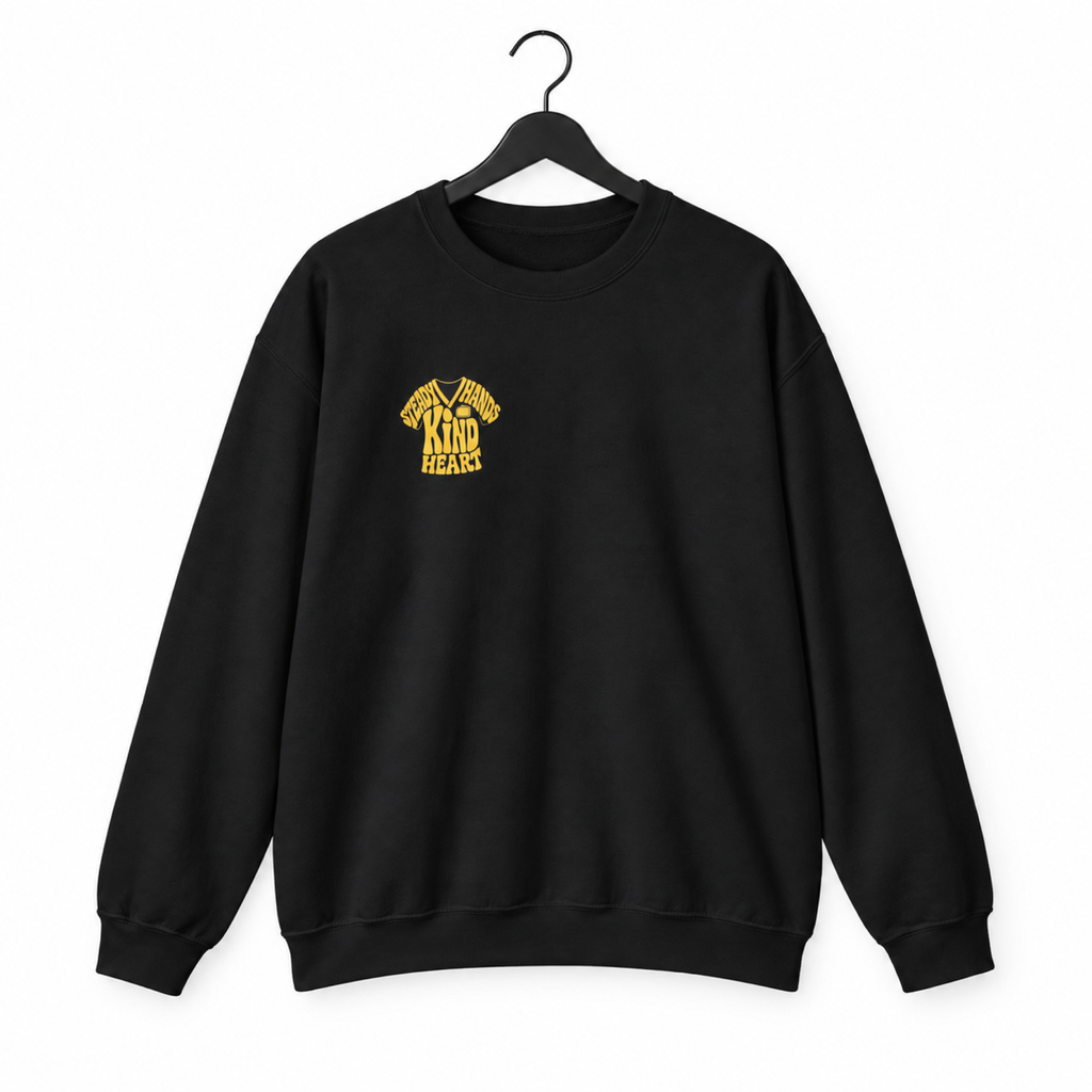 Black Steady Hands Kind Heart sweatshirt on a hanger against a white background