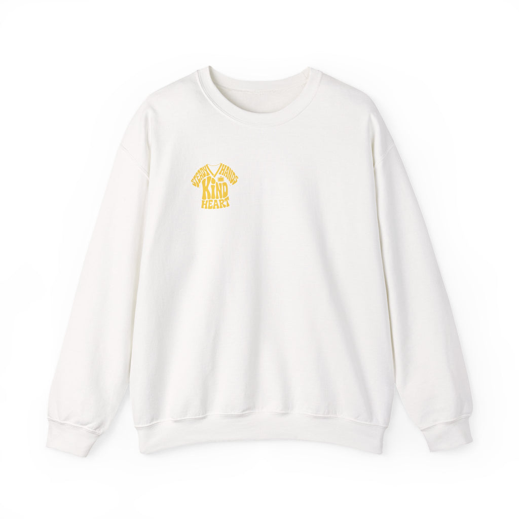 Steady Hands Kind Heart sweatshirt in White, front print on white background