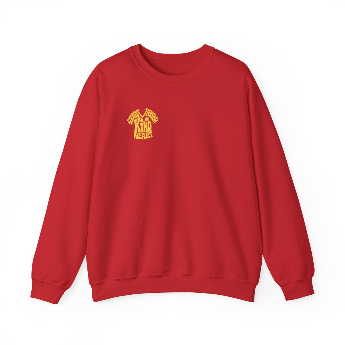 Steady Hands Kind Heart sweatshirt in Red, front print on white background