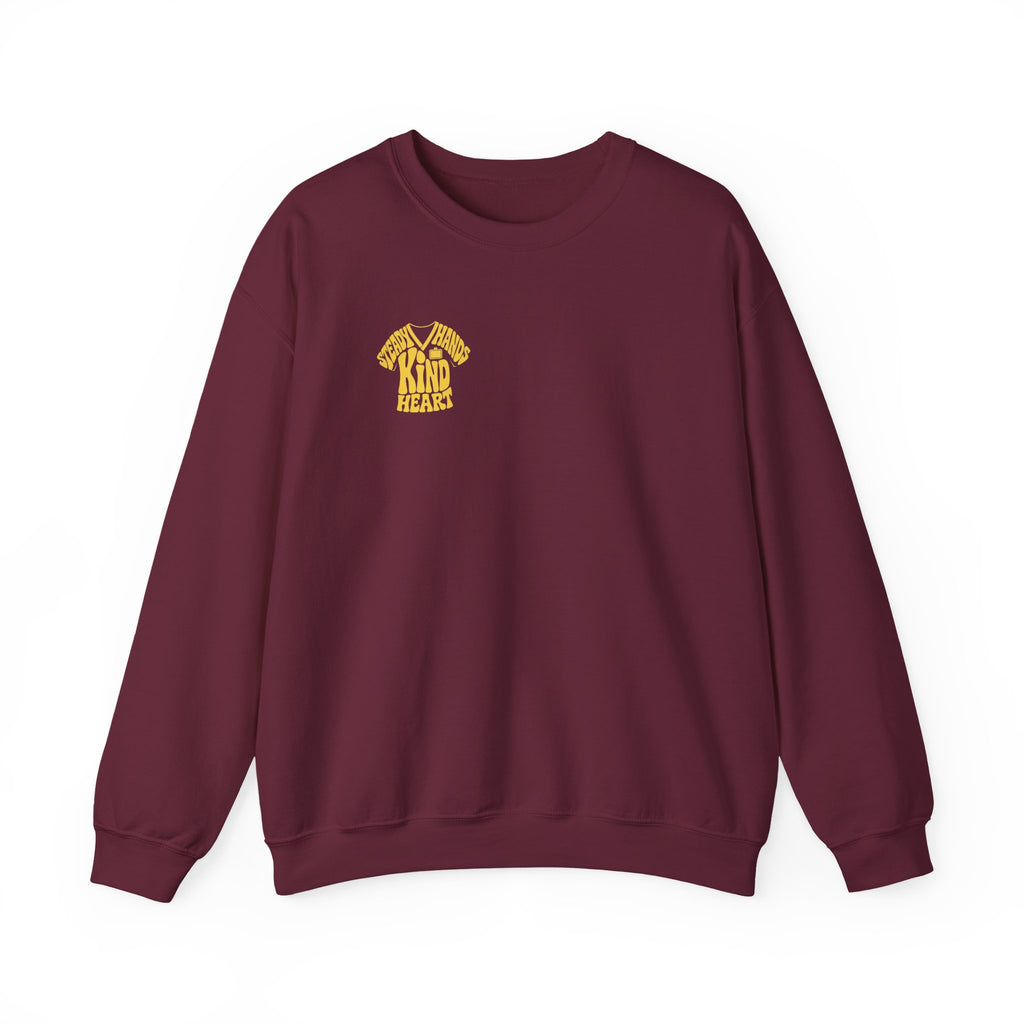 Steady Hands Kind Heart sweatshirt in Maroon, front print on white background