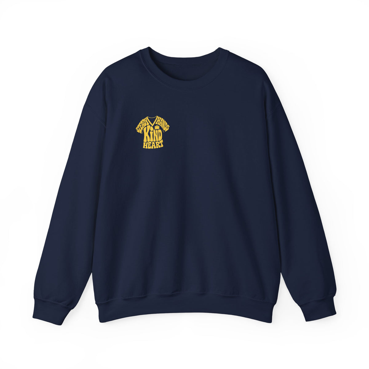 Steady Hands Kind Heart sweatshirt in Navy, front print on white background