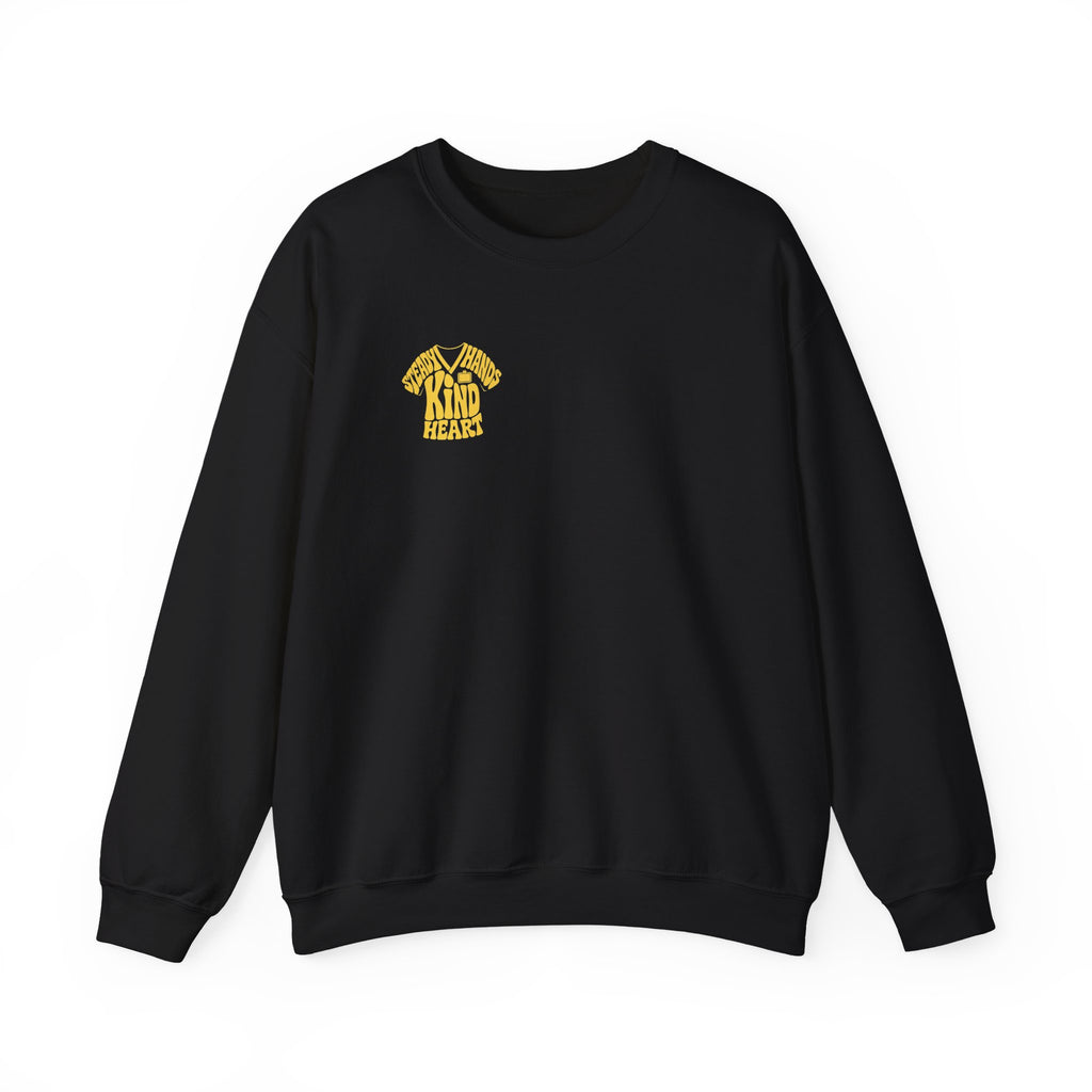 Steady Hands Kind Heart sweatshirt in Black, front print on white background
