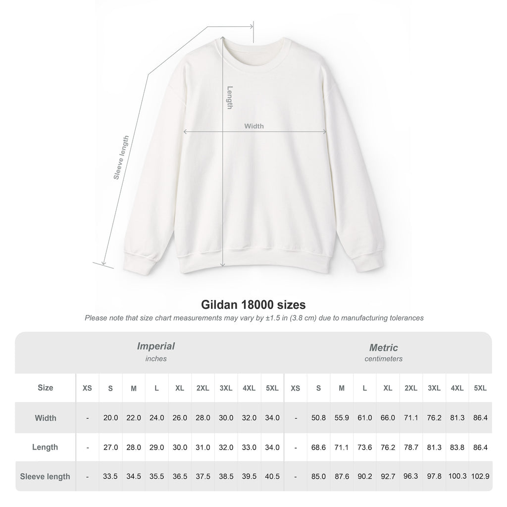 Gildan 18000 sweatshirt size chart with garment measurements