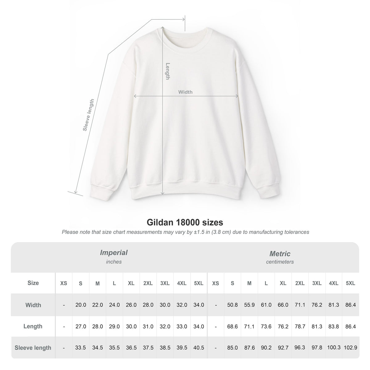 Gildan 18000 sweatshirt size chart with garment measurements