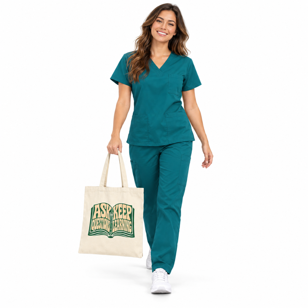 Healthcare professional carrying the natural Ask Questions Keep Learning canvas tote on a white background