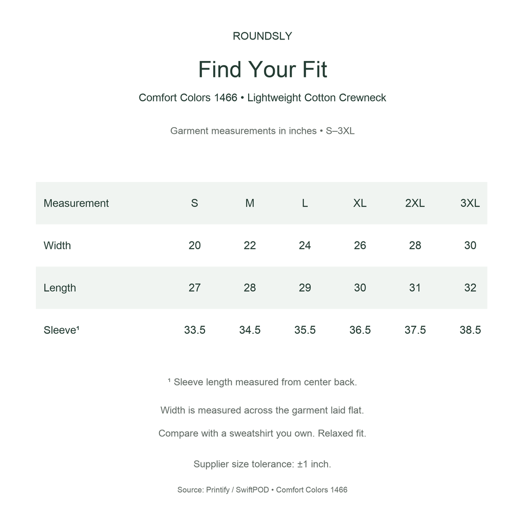 Comfort Colors 1466 sweatshirt size chart, S–3XL, garment measurements in inches