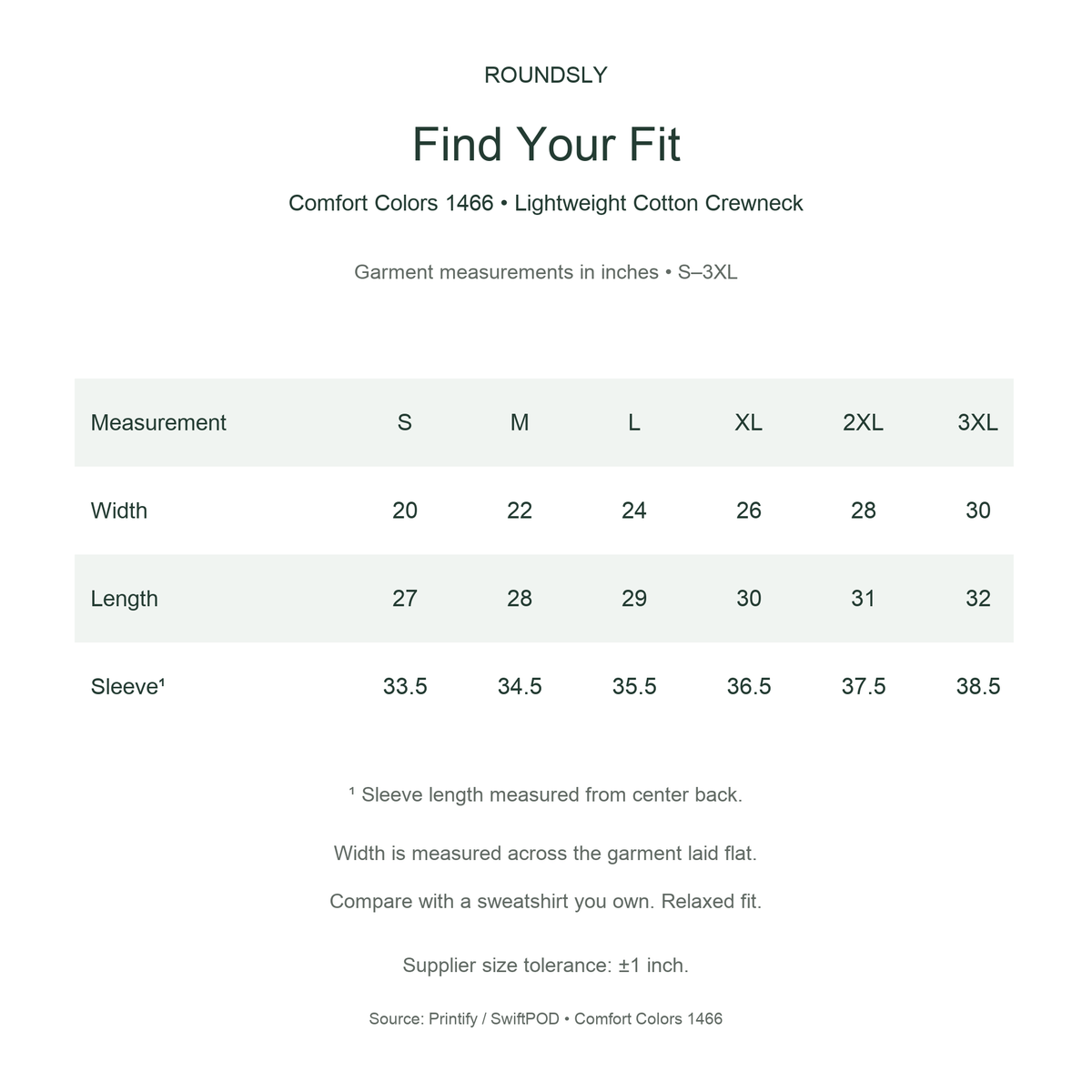 Comfort Colors 1466 sweatshirt size chart, S–3XL, garment measurements in inches