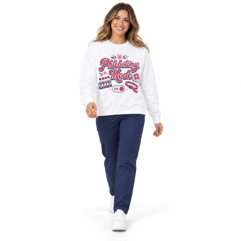 Healthcare professional wearing the White Phlebotomy Mode On sweatshirt with navy scrub pants on white