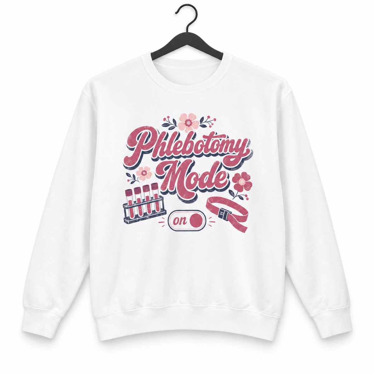 White Phlebotomy Mode On sweatshirt on a black hanger against a white background