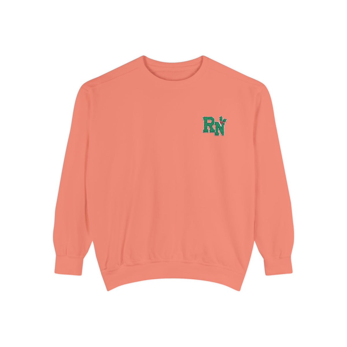 Terracotta RN holly embroidered Comfort Colors 1566 sweatshirt, native front view on white