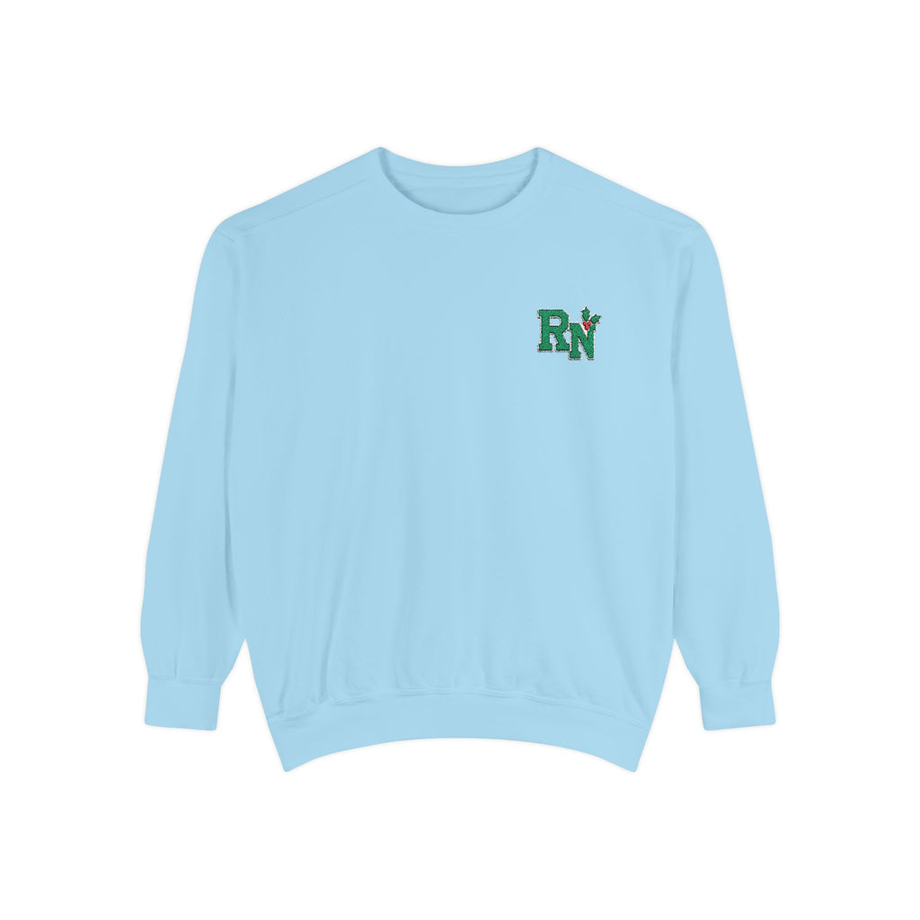 Chambray RN holly embroidered Comfort Colors 1566 sweatshirt, native front view on white