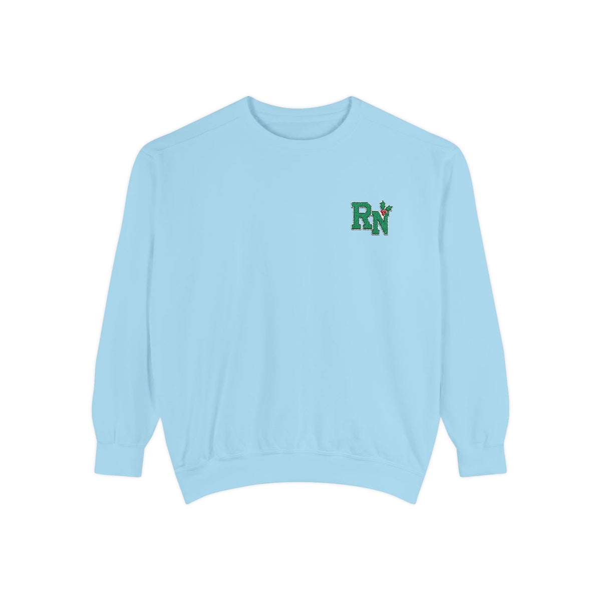 Chambray RN holly embroidered Comfort Colors 1566 sweatshirt, native front view on white