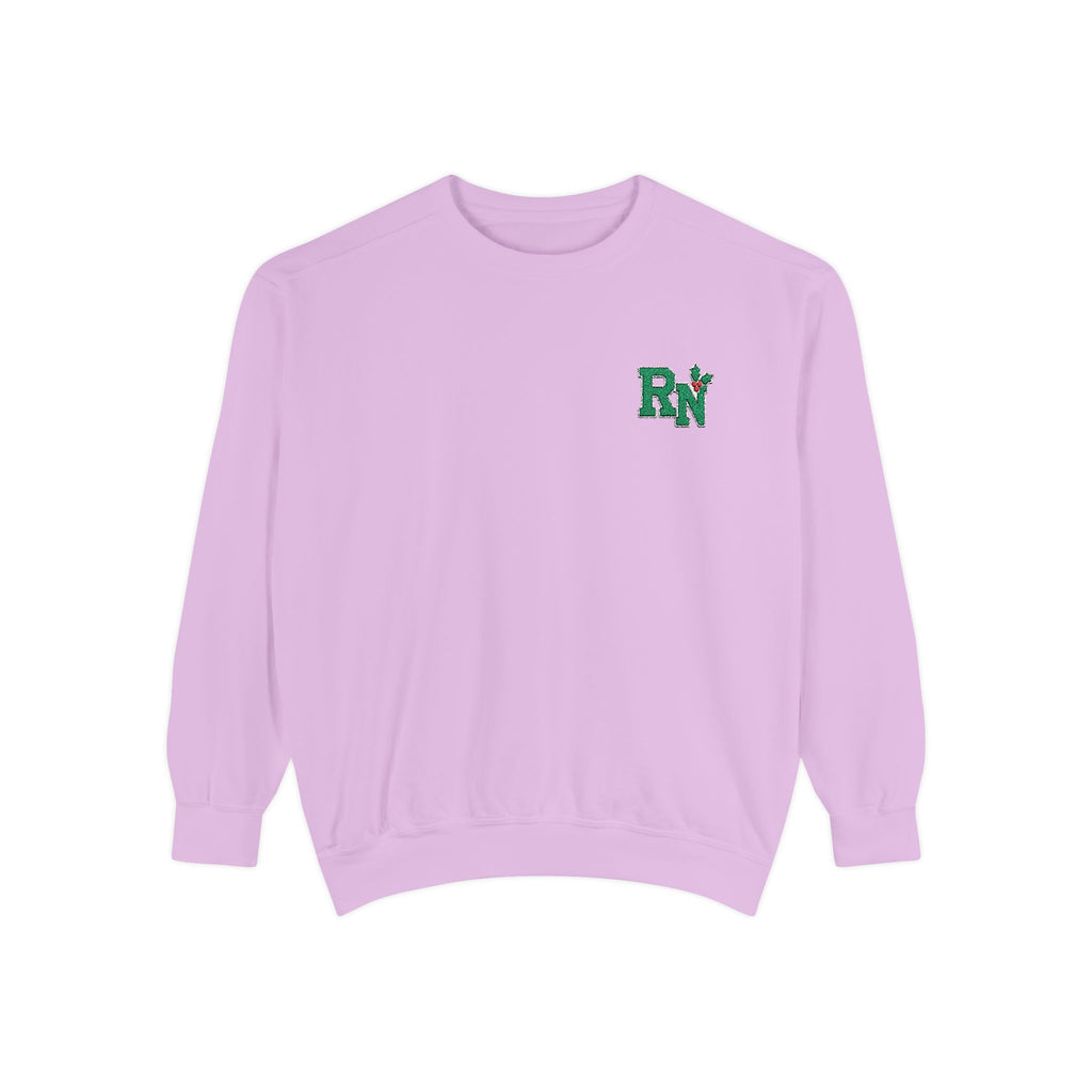 Orchid RN holly embroidered Comfort Colors 1566 sweatshirt, native front view on white