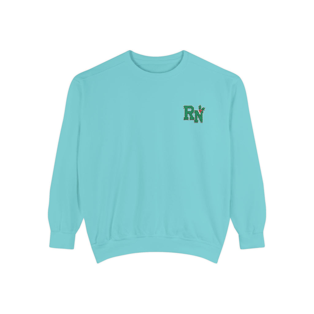 Chalky Mint RN holly embroidered Comfort Colors 1566 sweatshirt, native front view on white