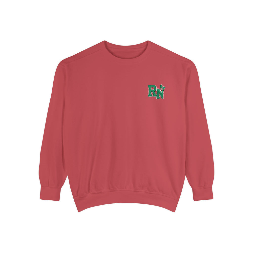 Crimson RN holly embroidered Comfort Colors 1566 sweatshirt, native front view on white