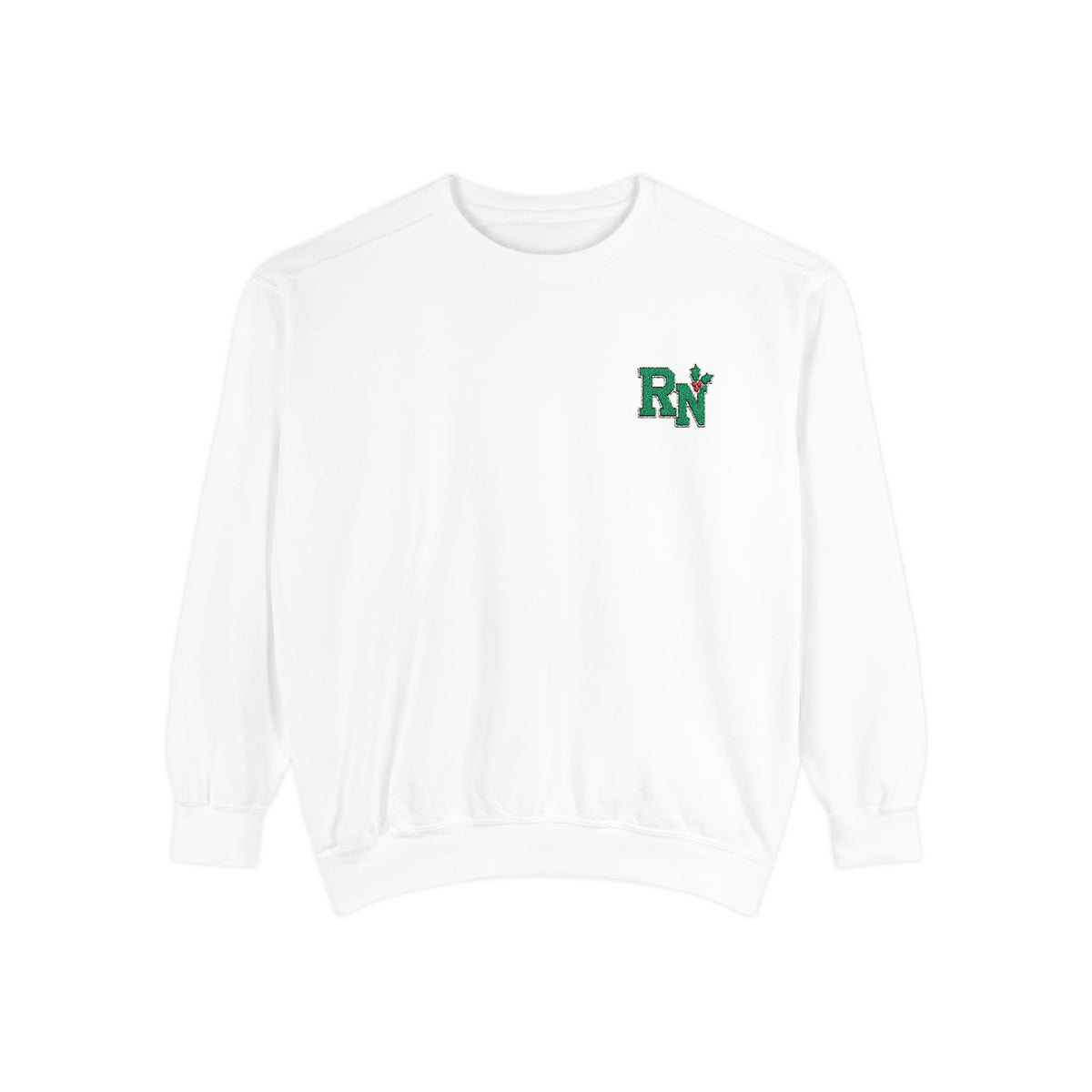 White RN holly embroidered Comfort Colors 1566 sweatshirt, native front view on white