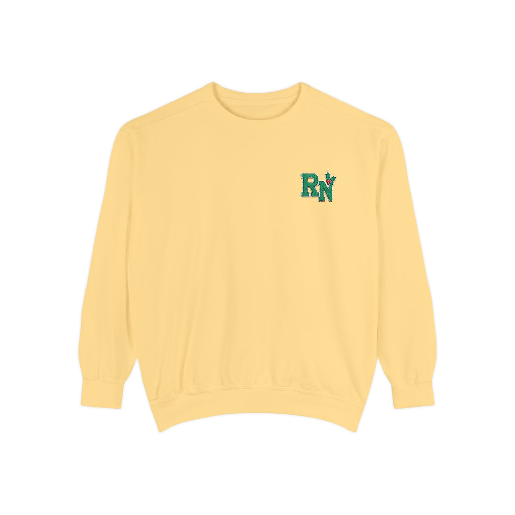 Butter RN holly embroidered Comfort Colors 1566 sweatshirt, native front view on white