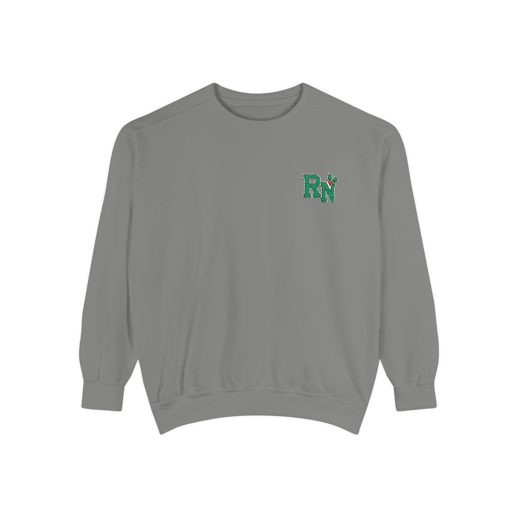 Grey RN holly embroidered Comfort Colors 1566 sweatshirt, native front view on white