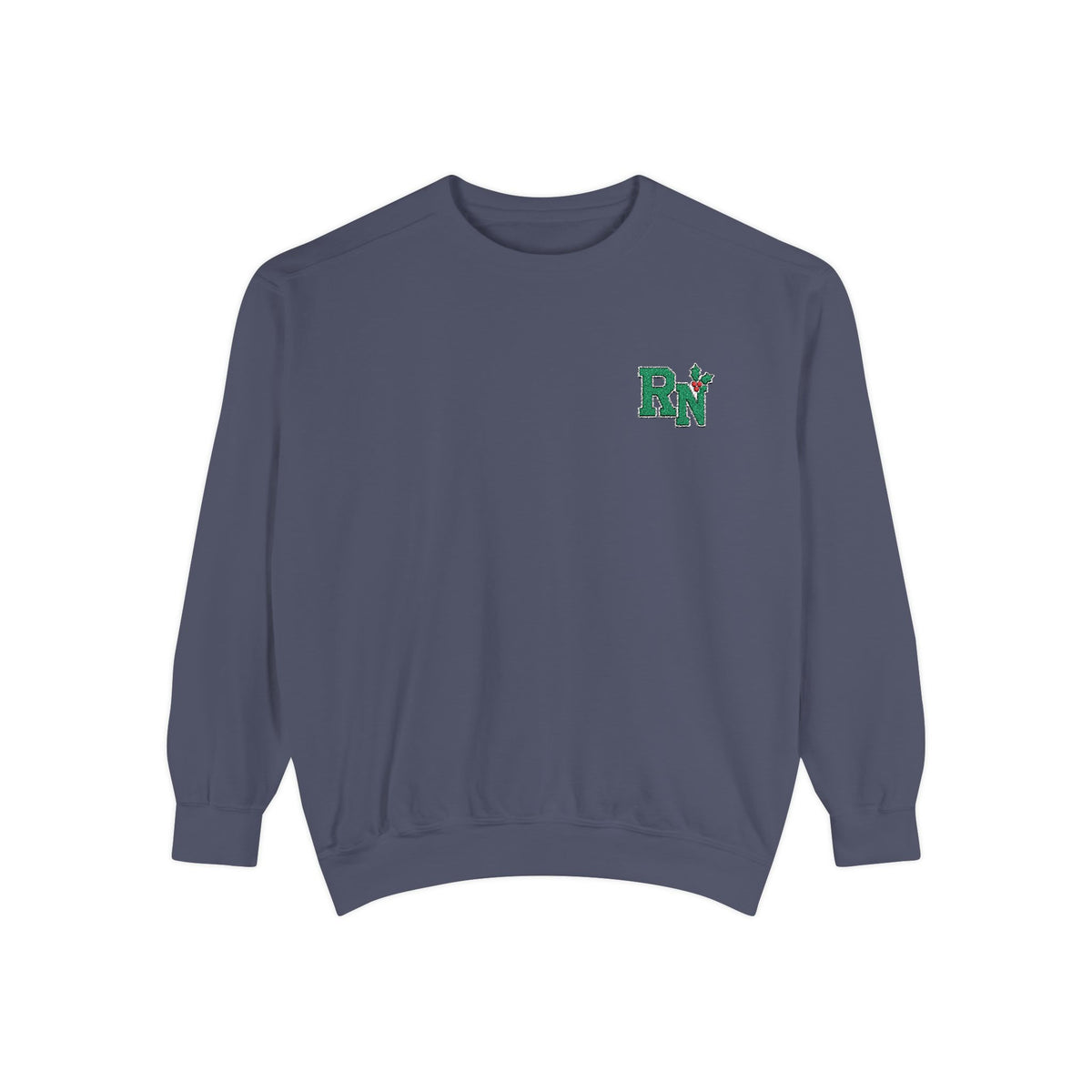 Denim RN holly embroidered Comfort Colors 1566 sweatshirt, native front view on white